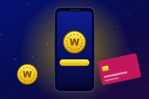 Mobile cashier at Wonaco: phone with a coin and a bank card Mobile cashier at Wonaco: phone with a coin and a bank card